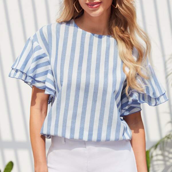 

Butterfly Sleeve Striped Top, Blue and white