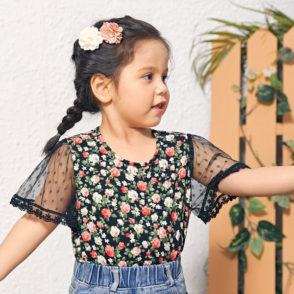 

Toddler Girls Dobby Mesh Sleeve Floral Top, Black
