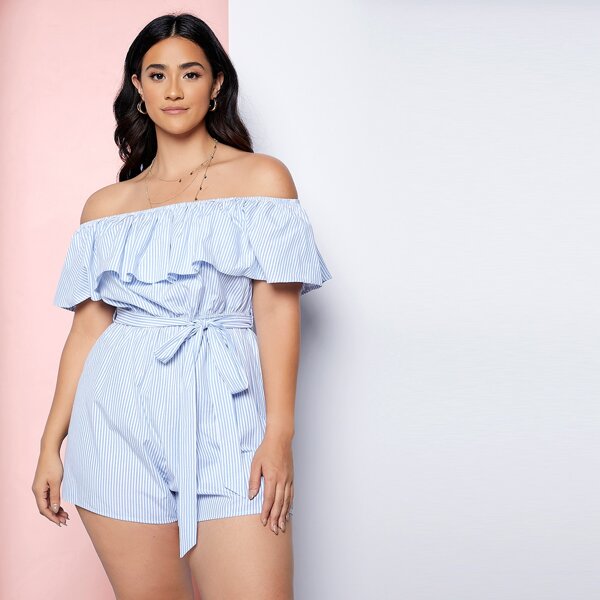 

Plus Fold Off Shoulder Self Belted Striped Romper, Blue and white