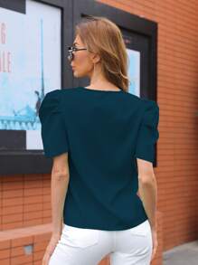 SHEIN Privé Solid Puff Sleeve Top - Dark Green - View 2