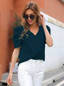 SHEIN Privé Solid Puff Sleeve Top - Dark Green - View 4