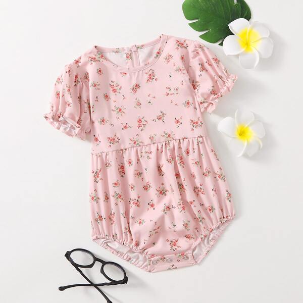 

Baby Girl Ditsy Floral Puff Sleeve Bodysuit, Baby pink