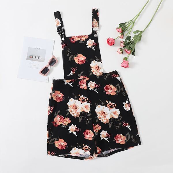 

Plus Floral Print Overall Romper, Multicolor