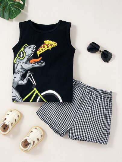 للولد الصغار طباعة ديناصور لباس علوي تانك مع بطباعة مربعات غنغهام بنطلون قصير