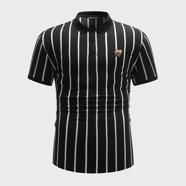 

Men Number Embroidered Striped Polo Shirt, Black