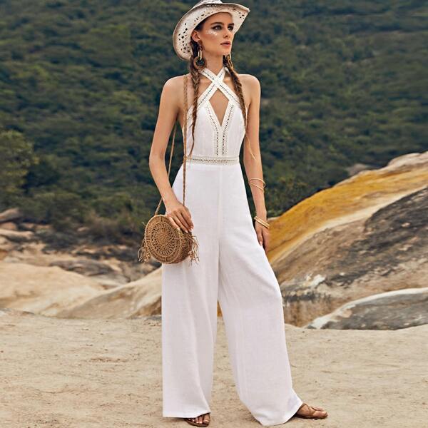 

Crisscross Tie Backless Wide Leg Jumpsuit, White