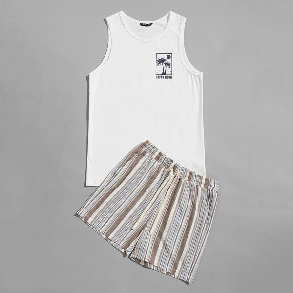 

Men Letter Graphic Tank Top & Striped Shorts Set, Multicolor