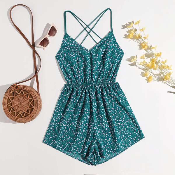 

Crisscross Backless Ditsy Floral Cami Romper, Teal blue