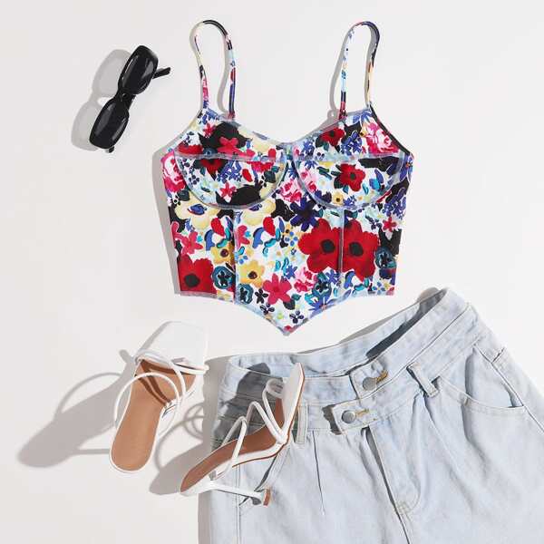 

Asymmetrical Hem Floral Cami Top, Multicolor