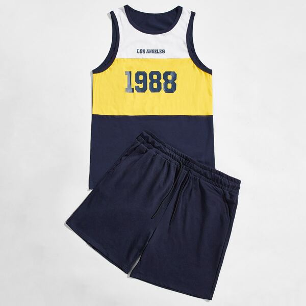 

Men Letter & Number Print Tank Top and Track Shorts Set, Multicolor