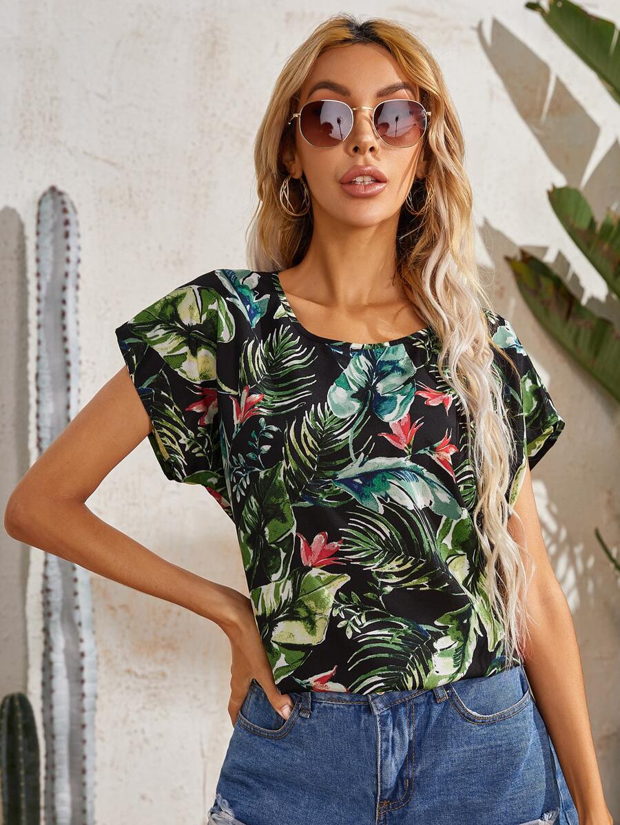 SHEIN 蝙蝠袖熱帶圖案上衣 - 彩色 - 查看 1