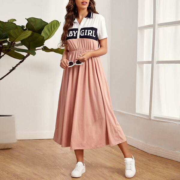 

Polo Collar Letter Graphic Colorblock Dress, Multicolor