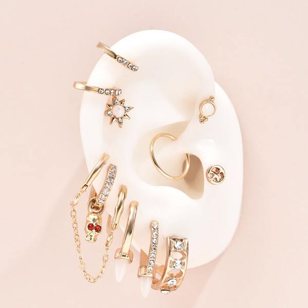 

11pcs Rhinestone Detail Earrings, Gold