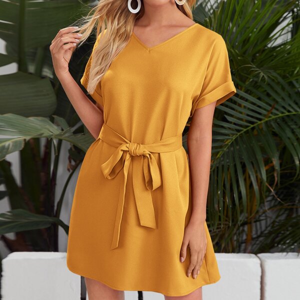 

Rolled Sleeve Belted Tunic Dress, Mustard yellow