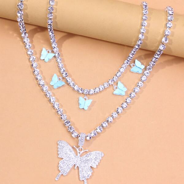 

2pcs Rhinestone Butterfly Charm Necklace, Silver