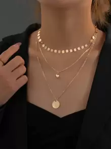 圓形吊墜多層項鍊 - 金黃色 - 查看 7