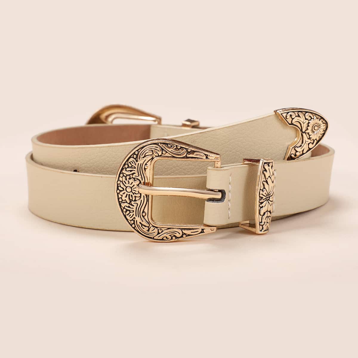 

Engraved Metal Buckle Belt, Beige