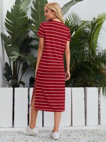 SHEIN LUNE 條紋開衩T恤洋裝 - 酒紅色 - 查看 2
