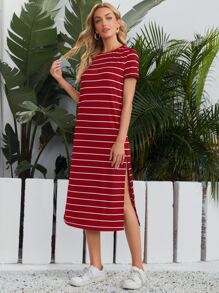 SHEIN LUNE 條紋開衩T恤洋裝 - 酒紅色 - 查看 4