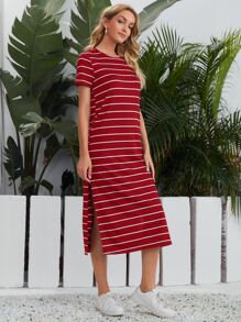 SHEIN LUNE 條紋開衩T恤洋裝 - 酒紅色 - 查看 5