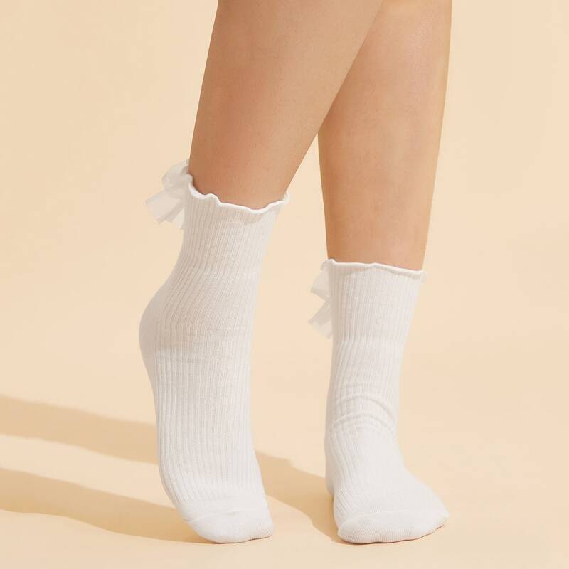 

1pair Solid Bow Decor Crew Socks, White