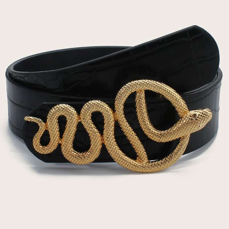 

Croc Embossed Snake Buckle Belt, Black