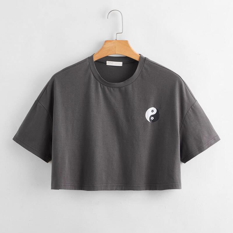 

Yin And Yang Graphic Crop Tee, Dark grey
