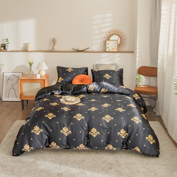

Graphic Print Duvet Cover Set Without Filler, Black