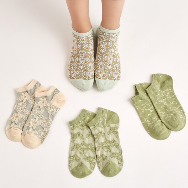 

4pairs Flower Pattern Socks, Multicolor