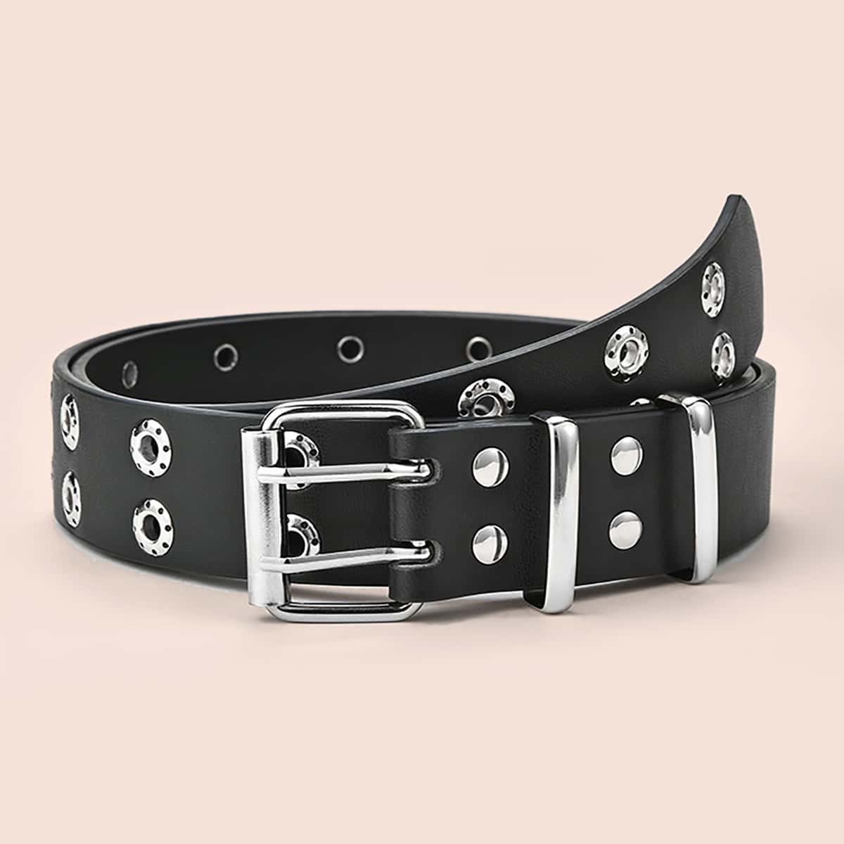 

Eyelet Decor Buckle Belt, Black