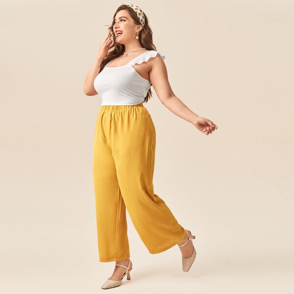 

Plus Ruffle Trim Cami Top With Wide Leg Pants, Multicolor