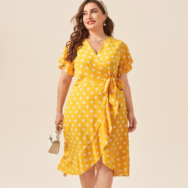 

Plus Polka Dot Knot Side Wrap Dress, Yellow