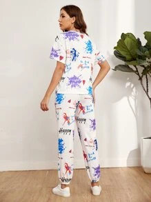 Seusyu 落肩字母圖案T恤和束腳褲套裝 - 彩色 - 查看 2