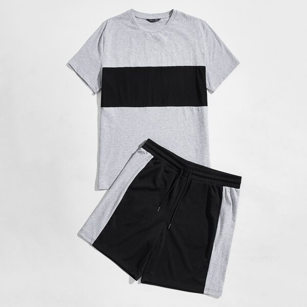 

Men Colorblock Tee & Contrast Sideseam Shorts Set, Multicolor