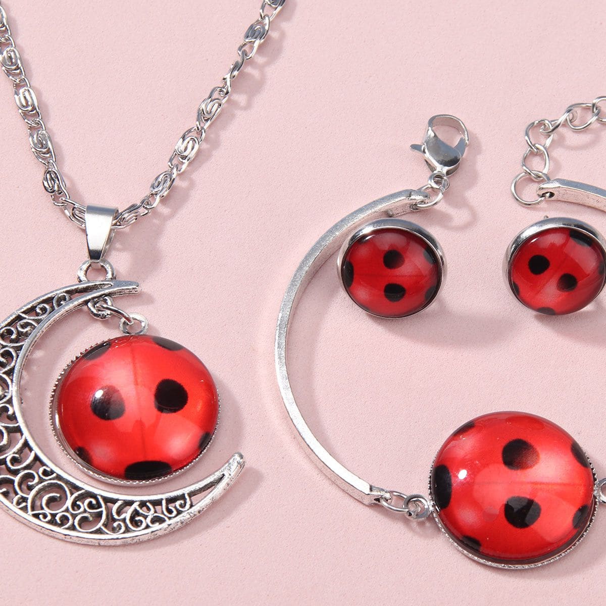 

1pair Ladybug Pattern Earring & 1pc Bracelet & 1pc Necklace, Silver