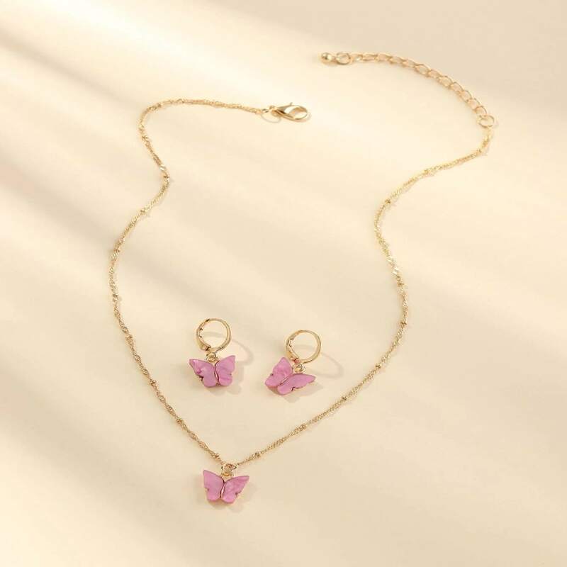 

1pair Butterfly Design Earring & 1pc Necklace, Hot pink