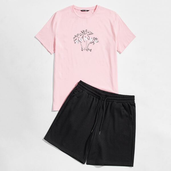 

Men Coconut Tree and Letter Print Top & Shorts Set, Multicolor