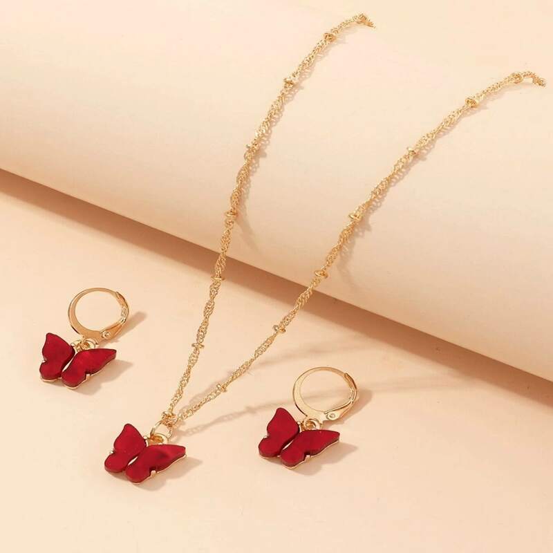 

1pair Butterfly Denis Earring & 1pc Necklace, Red