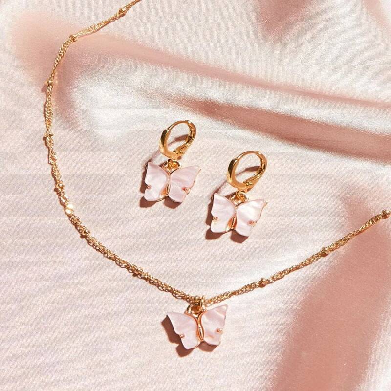 

1pair Butterfly Denis Earring & 1pc Necklace, Pink