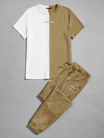 GENTILAND للرجال قطن ألوان متجانسة مطرز بعبارة تي شيرت وبنطلون طقم