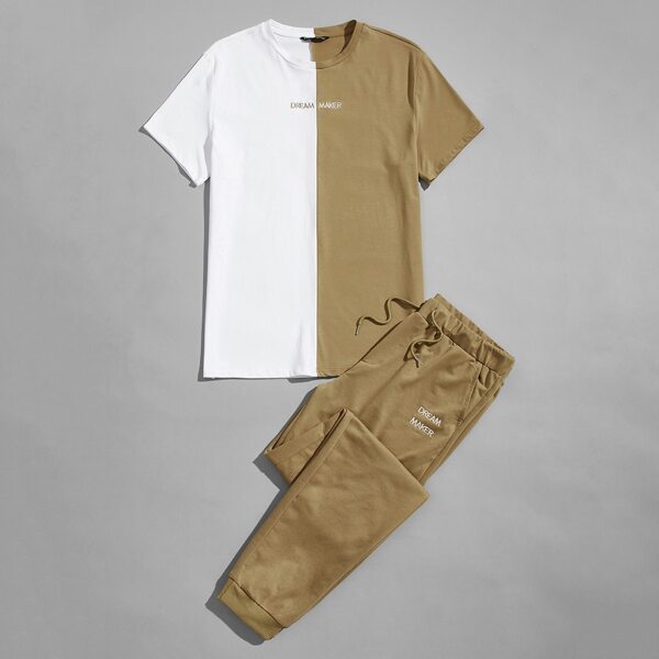

Men Color Block Embroidered Letter Tee & Pants Set, Camel