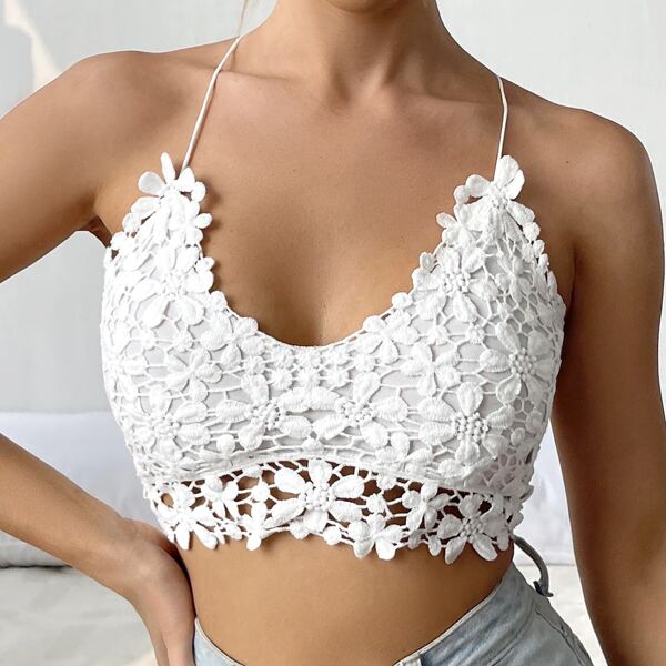 

Crisscross Tie Back Lace Cami Top, White