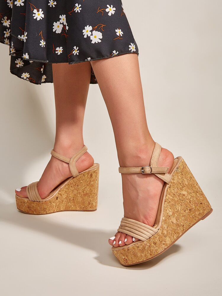 Suedette Cork Wedge Sandals - Apricot - View 1
