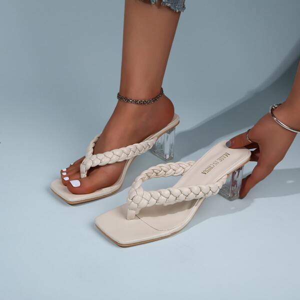 

Braided Clear Heeled Thong Sandals, Beige