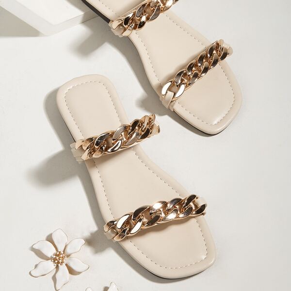 

Chain Decor Slide Sandals, Beige