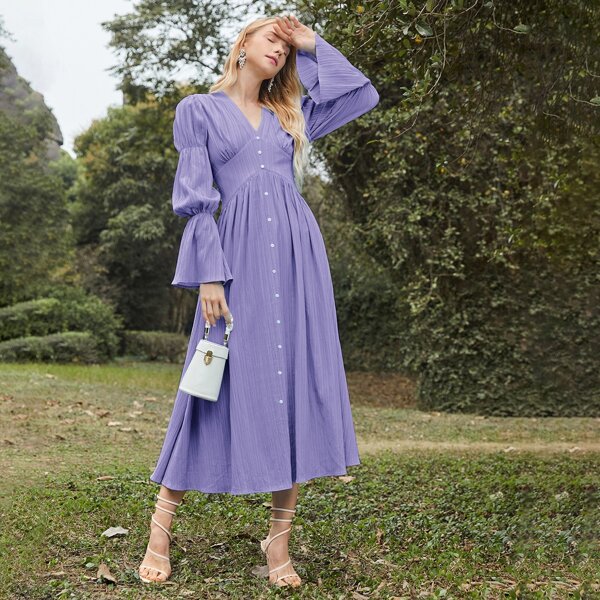 

V Neck Bell Sleeve Button Front Dress, Purple