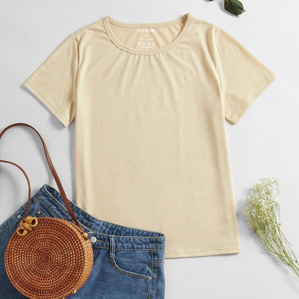 

Solid Round Neck Tee, Beige