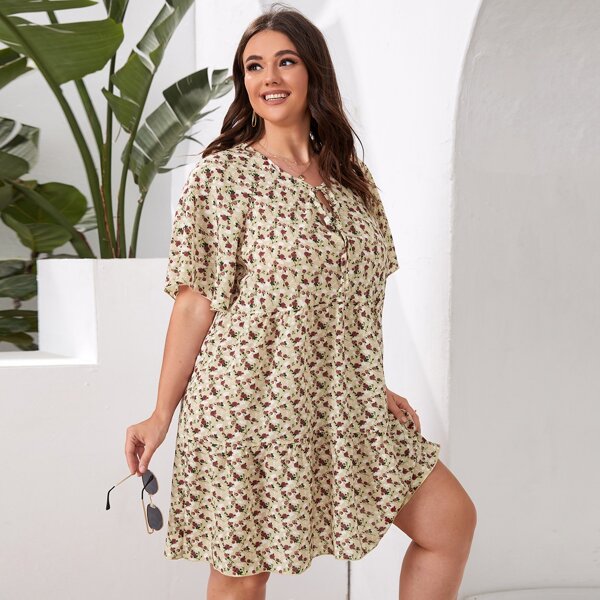 

Plus Tie Neck Ditsy Floral Dress, Apricot