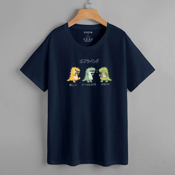 

Japanese And Cartoon Dinosaur Print Tee, Navy blue