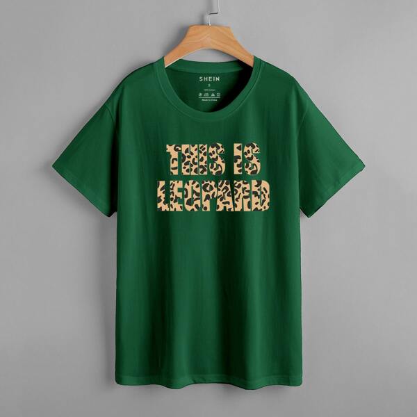 

Slogan & Leopard Print Tee, Dark green